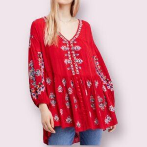 Free People Arianna Red Embroidered BohonTunic Size M Long Sleeve Button Front